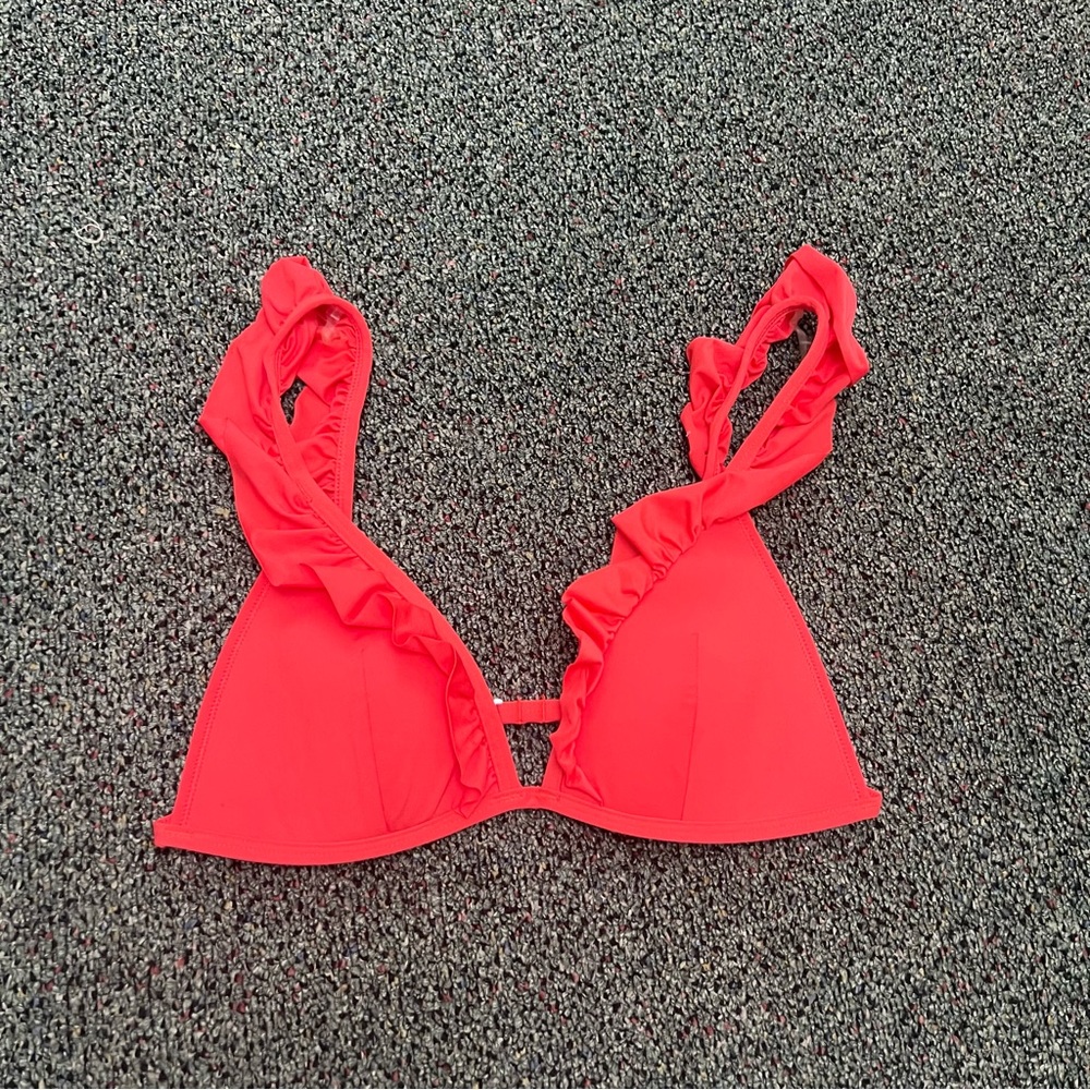 H&M Red Ruffle Shoulder Triangle Bikini Top Casual Flirty Swimwear Bathing Suit - Picture 3 of 12